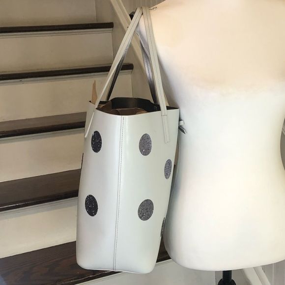 KATE SPADE Silver Glitter Polka Dot White Leather Tote Shoulder Bag Zip Pocket - Picture 5 of 17